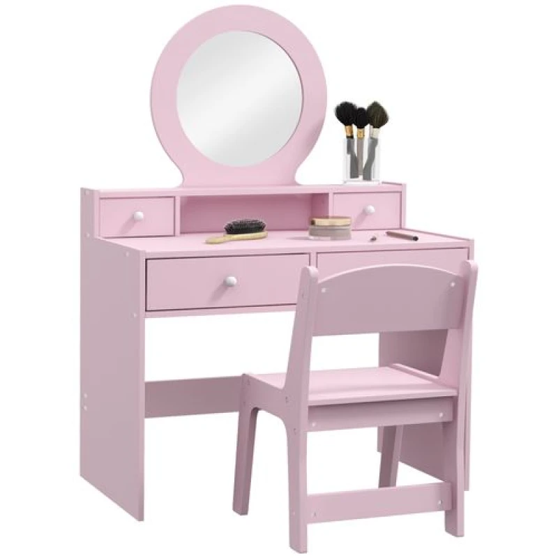 Image of AIYAPLAY Kids Dressing Table Set w/ Stool, Mirror, Drawers - Pink 316-019V80PK