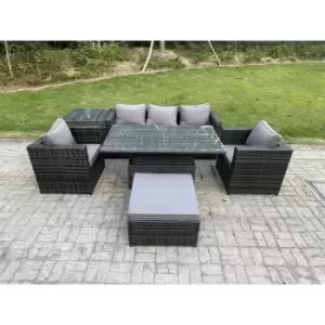 Image of Fimous 5 Seater Outdoor Dark Grey Rattan Dining Complete Set with Adjustable Table, Side Table and Big Footstool