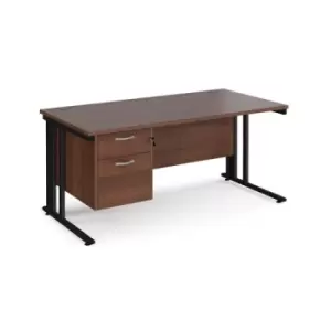 Image of Office Desk Rectangular Desk 1600mm With Pedestal Walnut Top With Black Frame 800mm Depth Maestro 25 MCM16P2KW