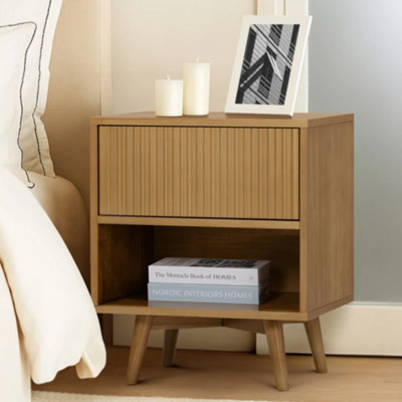 Image of Teamson Home Tremolo Bedside Table 1 Fluted Push-Open Drawer Nightstand, Natural