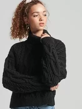 Image of Superdry Vintage High Neck Cable Knit Jumper - Black, Size 14, Women