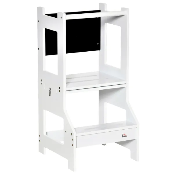 Image of 2-in-1 Kids Kitchen Step Stool Table Chair Set W/ Safety Rail Chalkboard, White