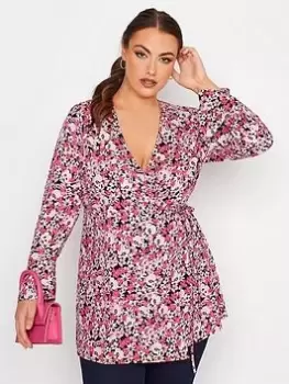 Image of Yours Wrap Flute Sleeve Top Fuchsia Floral, Pink, Size 22, Women
