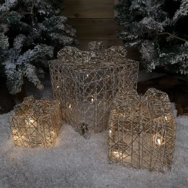 Image of Set of 3 Warm White Battery Operated LED Gold Gift Box Christmas Decoration