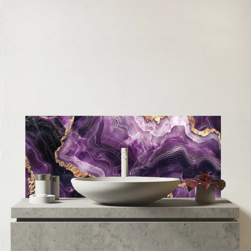 Image of Warren Reed - Designer Deep Purple Marble Effect Glass Bathroom Splashback Purple Unisex