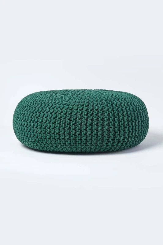 Image of Homescapes Large Round Cotton Knitted Pouffe Footstool Dark Green