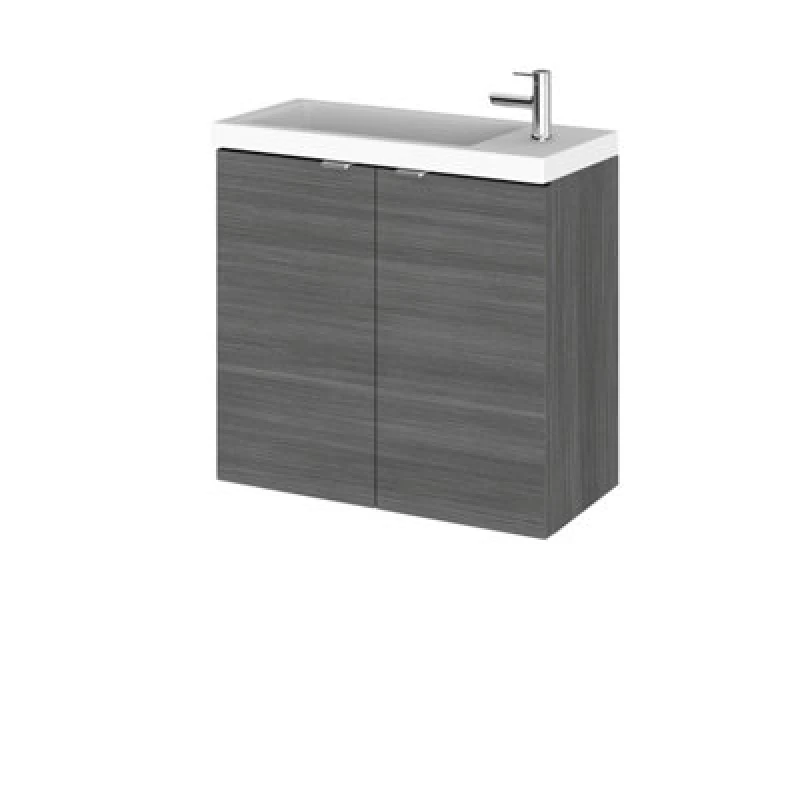 Image of Hudson Reed Fusion Wall Hung 2 Door Vanity Unit & Polymarble Basin, Sink Vanity Unit, Anthracite Woodgrain, 600mm