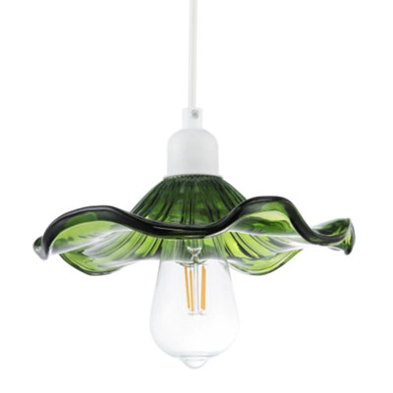 Image of Happy Homewares Designer Ribbed Emerald Glass Pendant Shade With Wavy Ruffled Edge