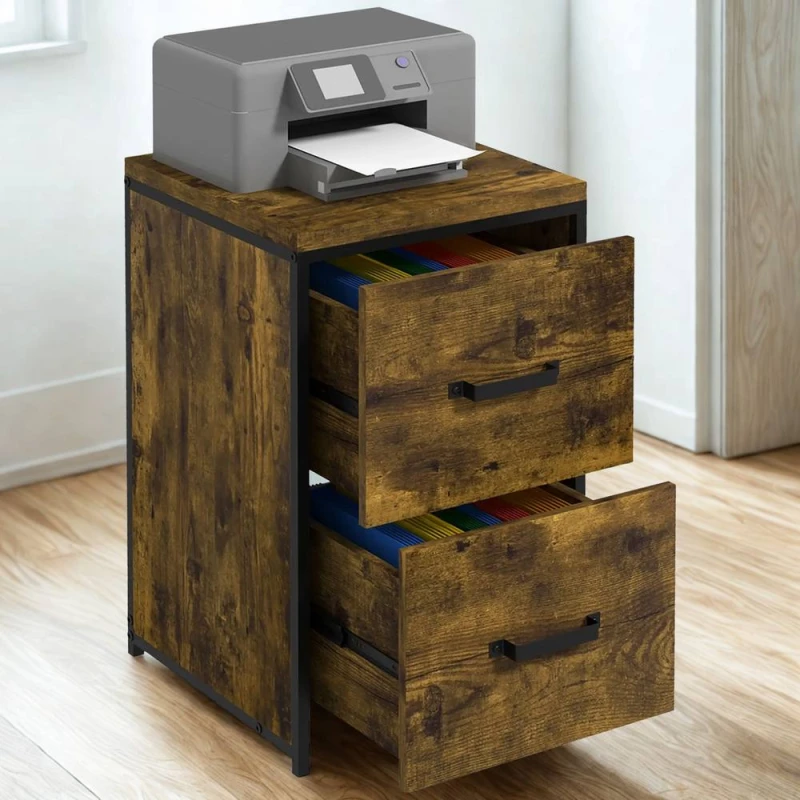 Image of FURNOS Industrial 2 Drawer Portable Rolling Filing Cabinet in Brown Brown Unisex