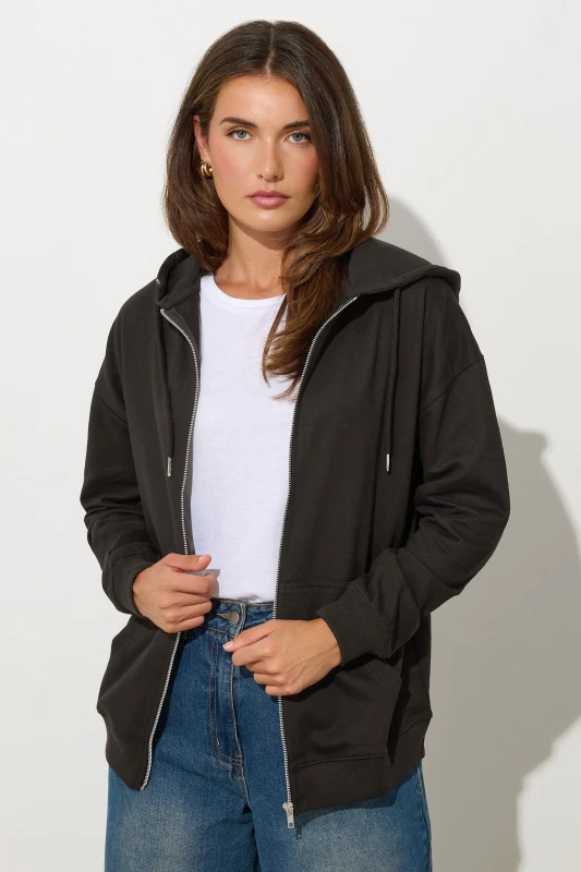 Image of Long Tall Sally Womens Tall Zip Through Pocket Hoodie in Black Size: 22-24 Black Female 22-24