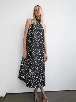Image of Warehouse Dalmatian Print Satin Twill Bow Back A Line Midi Dress - Black, Size 8, Women