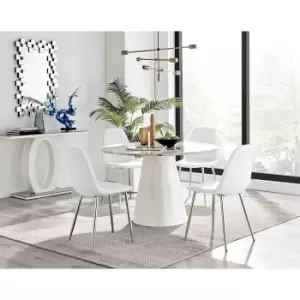 Image of Furniture Box Palma White Marble Effect Round Dining Table and 4 White Corona Silver Chairs