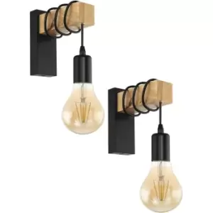 Image of 2 PACK LED Wall Light / Sconce Black Plate & Wood Hangman Arm 1x 10W E27