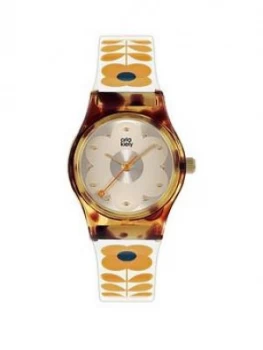 Image of Orla Kiely Orla Kiely Mini Bobby Tortoise Shell Case White And Tan Stem Print Strap Watch