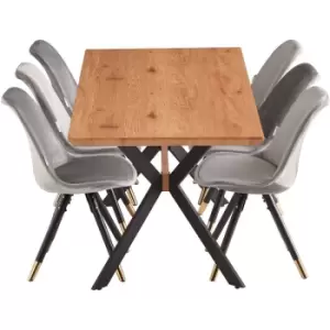 Image of 7 Pieces Life Interiors Sofia Blaze Dining Set - an Extendable Oak Rectangular Wooden Dining Table and Set of 6 Dark Grey Dining Chairs - Dark Grey
