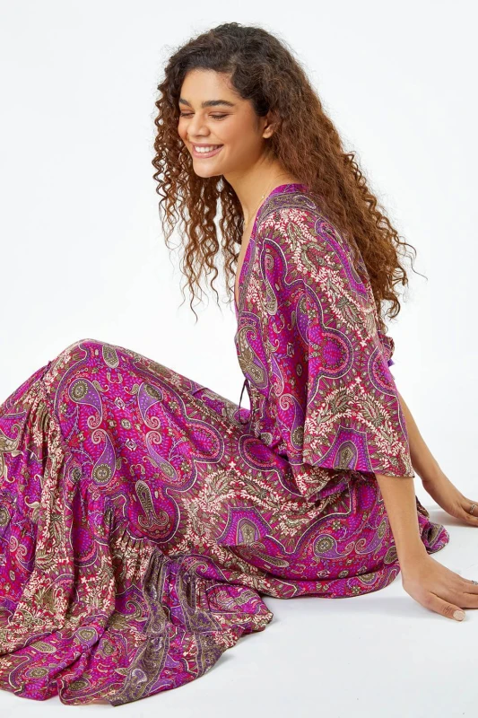 Image of Roman Womens Paisley Print Boho Maxi Dress in Fuchsia Size: 14 Fuchsia Female 14