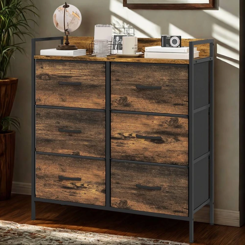 Image of FURNOS Industrial 6 Drawer Chest Storage Unit With Shelf Brown Brown Unisex