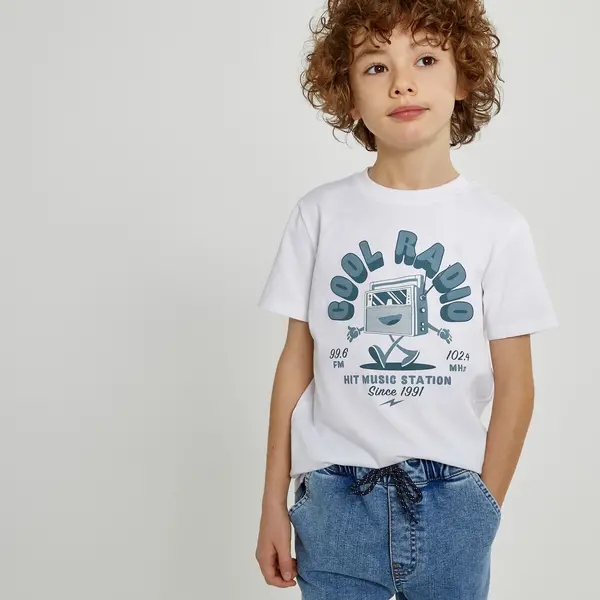 Image of Printed Cotton T-Shirt with Short Sleeves