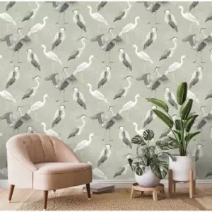 Image of Rasch - Design Library Sage Green Stork Heron Natural Birds Nature Wallpaper