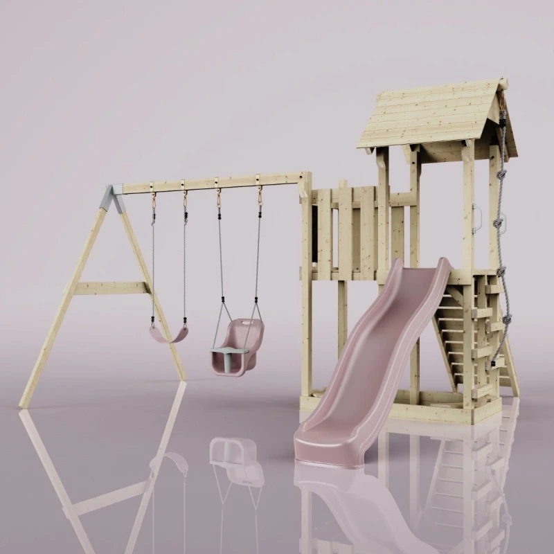 Image of OutdoorToys PolarPlay Balcony Tower Kids Wooden Climbing Frame - Swing Hagen Rose in Beige Beige Unisex
