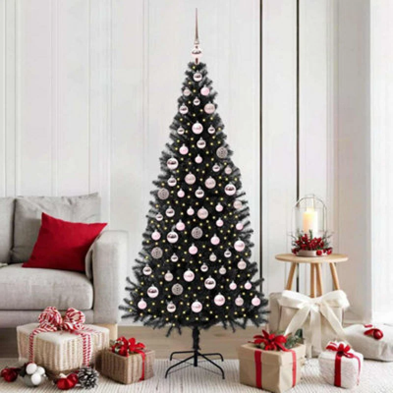 Image of vidaXL Christmas Tree with 300 LEDs, Pink Balls with Stand Black 180cm PVC, Black 3396480