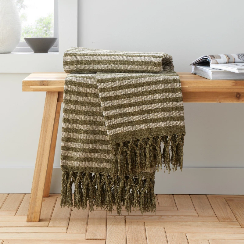 Image of Catherine Lansfield 'Stripe Chenille' Blanket Throw Olive