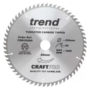 Image of Trend CRAFTPRO Non Stick Wood Cutting Saw Blade 250mm 60T 30mm