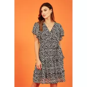 Image of Mela London Black Floral Wrap Skater Dress - Black