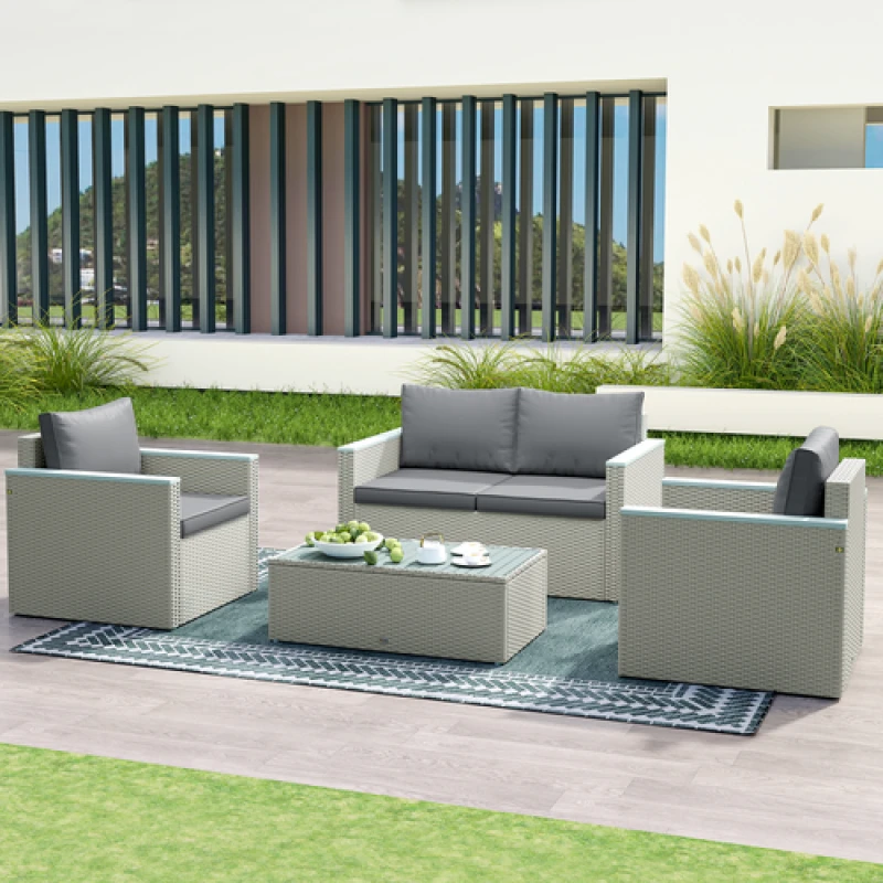 Image of Outsunny 4 Piece Rattan Garden Furniture Set with Cushions, Light Grey 860-353V70LG
