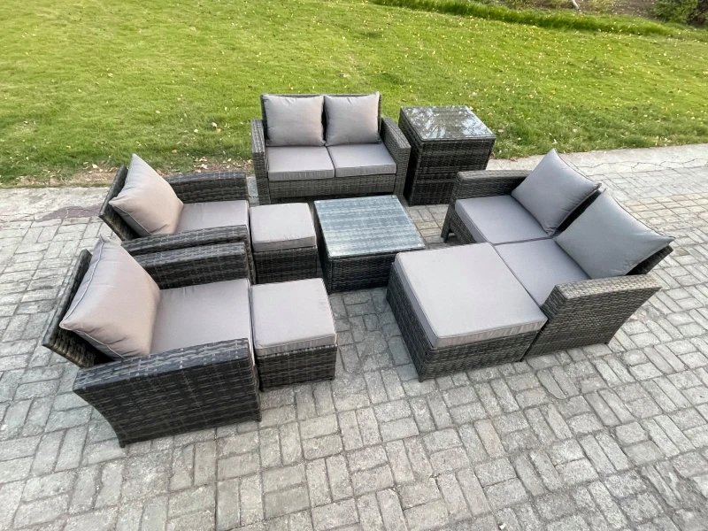 Image of Fimous Outdoor Garden Furniture Sets 9 Pieces Wicker Rattan Furniture Manual Wicker Patio Sofa Set with 3 Footstools Side Table in Dark Grey Dark Grey