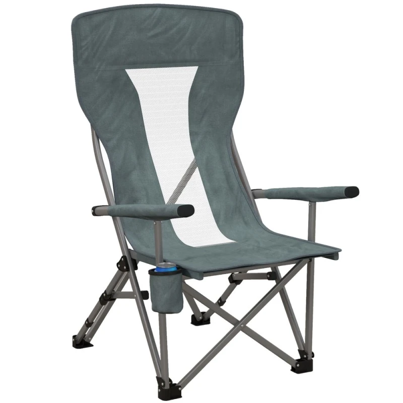 Image of Outsunny Folding Camping Chair Heavy Duty High Back Camping Fishing Chair w/ Cup Holder Grey unisex