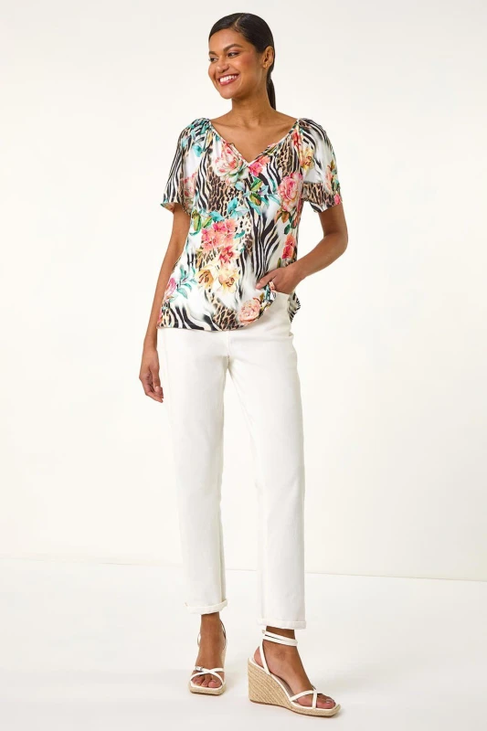 Image of Roman Womens Animal Floral Notch Neck Top in Coral Size: 18 Coral Female 18