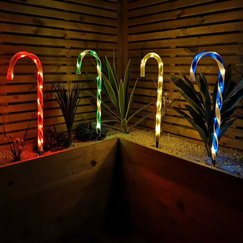 Image of Set of 4 Battery Operated LED Multi Coloured Candy Cane Stripe Path Lights Christmas Decoration with Timer