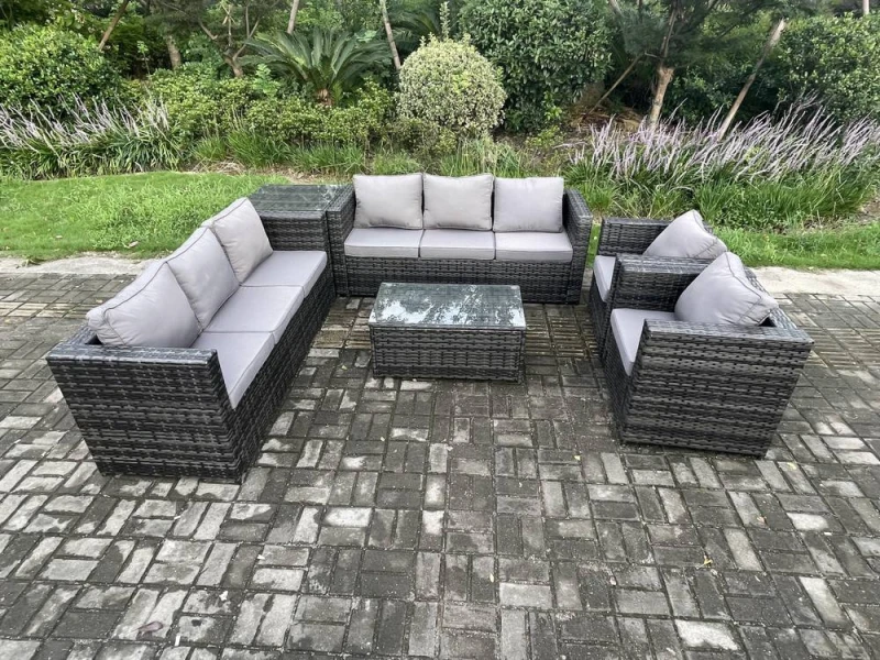 Image of Fimous 8 Seater Outdoor Lounge Sofa Set Wicker PE Rattan Garden Furniture Set with 2 Armchair Oblong Coffee Table Side Table Dark Grey Mixed Dark Grey