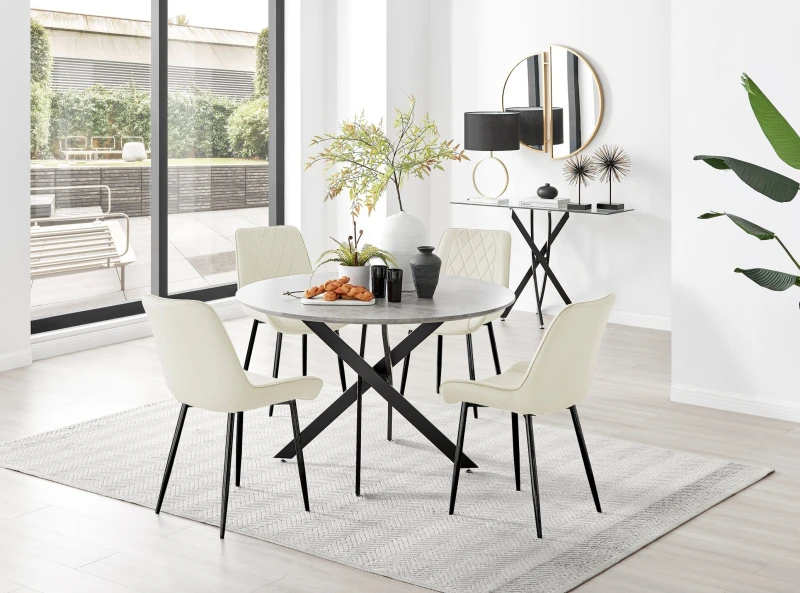 Image of FurnitureboxUK FurnitureboxUK Novara Grey Concrete Effect Black Leg 120cm Round Dining Table & 4 Pesaro Black Leg Chairs in Cream Cream One Size Unise