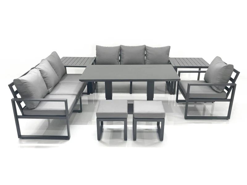 Image of Fimous Outdoor Garden Furniture Set Aluminium Lounge Sofa Adjustable Rising Lifting Dining Table Sets with 2 Small Footstools 2 Side Tables Dark Grey