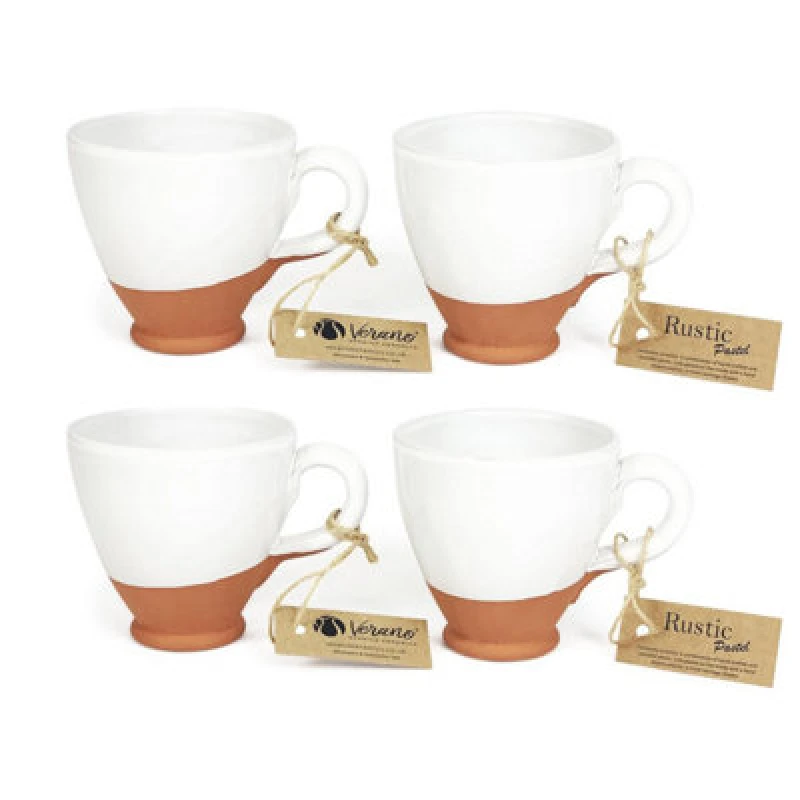 Image of Verano Spanish Ceramics Rustic Pastel Half Dipped Terracotta Kitchen Set Of 4 Everyday Cups White 9.5Cm