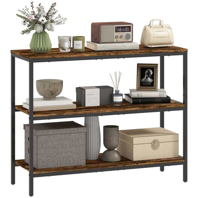 Image of HOMCOM HOMCOM Industrial Console Table with 3-Tier Storage Shelves Rustic Brown in Dark Brown Dark Brown One Size Unisex 5063603241237
