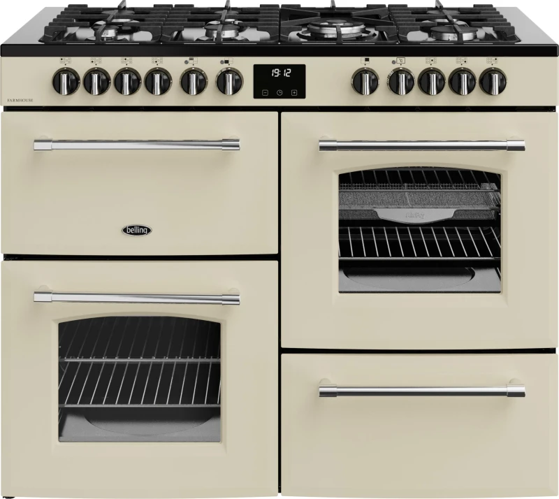 Image of Belling Farmhouse 110DF 110cm Dual Fuel Range Cooker - Cream / Antique Brass - A Rated