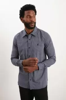Image of Mens Navy Long Sleeve Slim Square Print Shirt