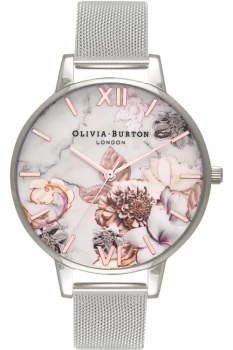 Image of Ladies Olivia Burton Marble Floral Rose Gold & Silver Mesh Floral Watch OB16CS10