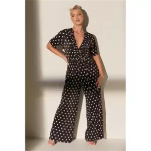 Image of I Saw It First Black Plisse Polka Dot Short Sleeve Culotte Jumpsuit - Black