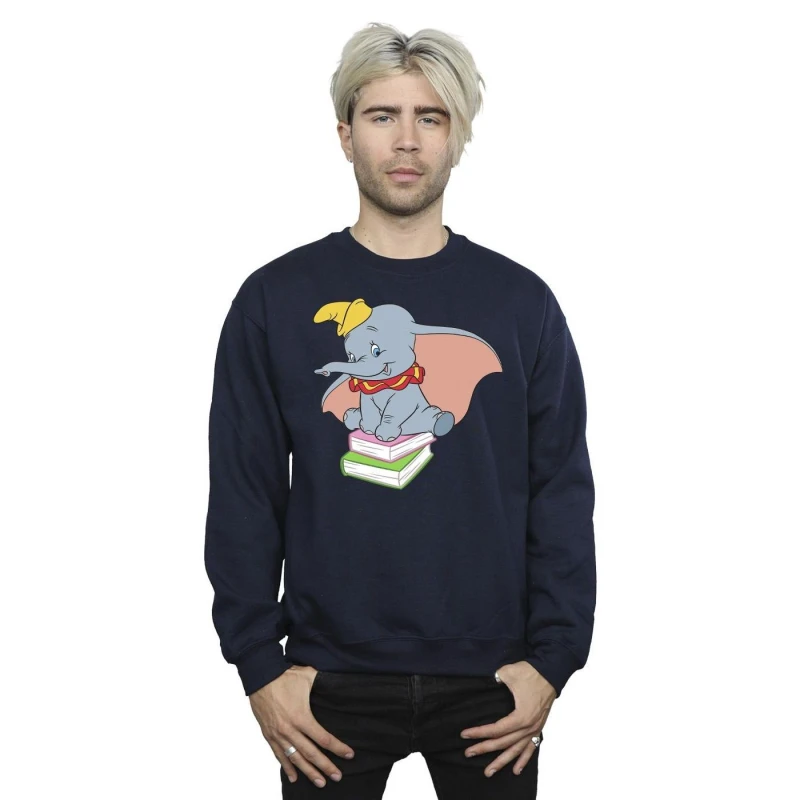 Image of Disney Men Dumbo Sitting On Books Sweatshirt in Navy Size: Small Navy S Male 5063153512979