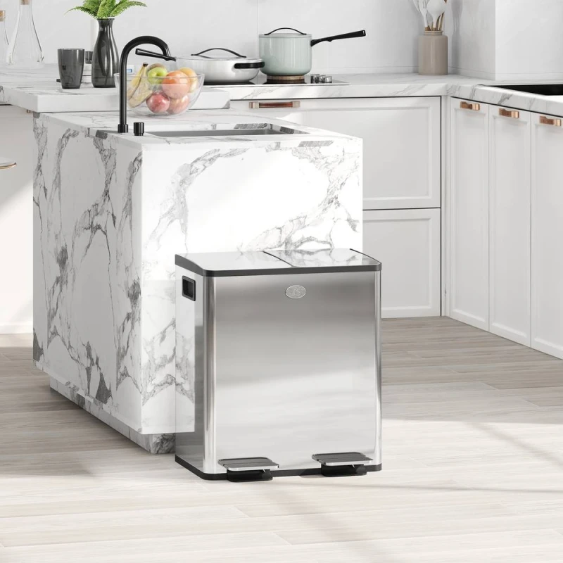 Image of HOMCOM 2 x 20L Dual Kitchen Bin Pedal Bin for Recycling & Waste in Silver Silver Unisex