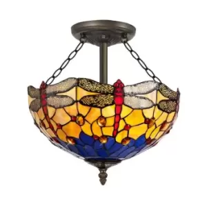 Image of 3 Light Semi Flush Ceiling E27 With 40cm Tiffany Shade, Blue, Orange, Crystal, Aged Antique Brass - Luminosa Lighting