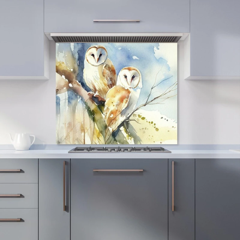 Image of Warren Reed - Designer Barn Owls Watercolour Kitchen Splashback in Brown Size: 700mm x 650mm Brown Unisex 700mm x 650mm