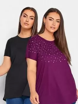 Image of Yours 2 Pack Embellished T-Shirt - Black/Purple, Black, Size 20, Women
