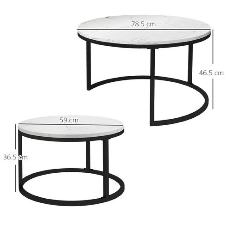 Image of HOMCOM 2 Pcs Stacking Coffee Table Set Steel Frame Marble-Effect Top Foot Pads White - Homcom 5056725543211