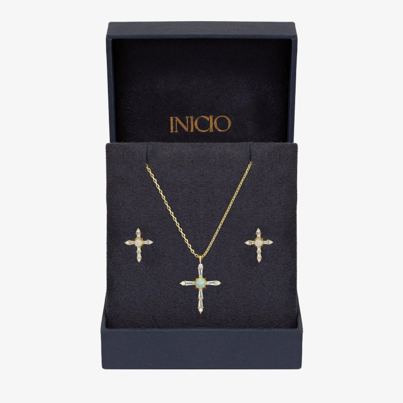 Image of Inicio Cubic Zirconia and Opal Cross Set - Gift Box Jewellery Sets One Size Gold 73379810000