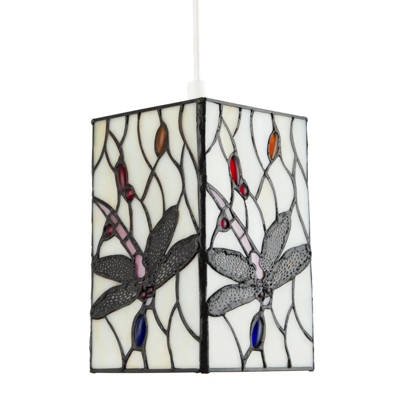 Image of Happy Homewares Stained Glass Dragonfly Rectangular Tiffany Pendant Light Shade in White White Unisex